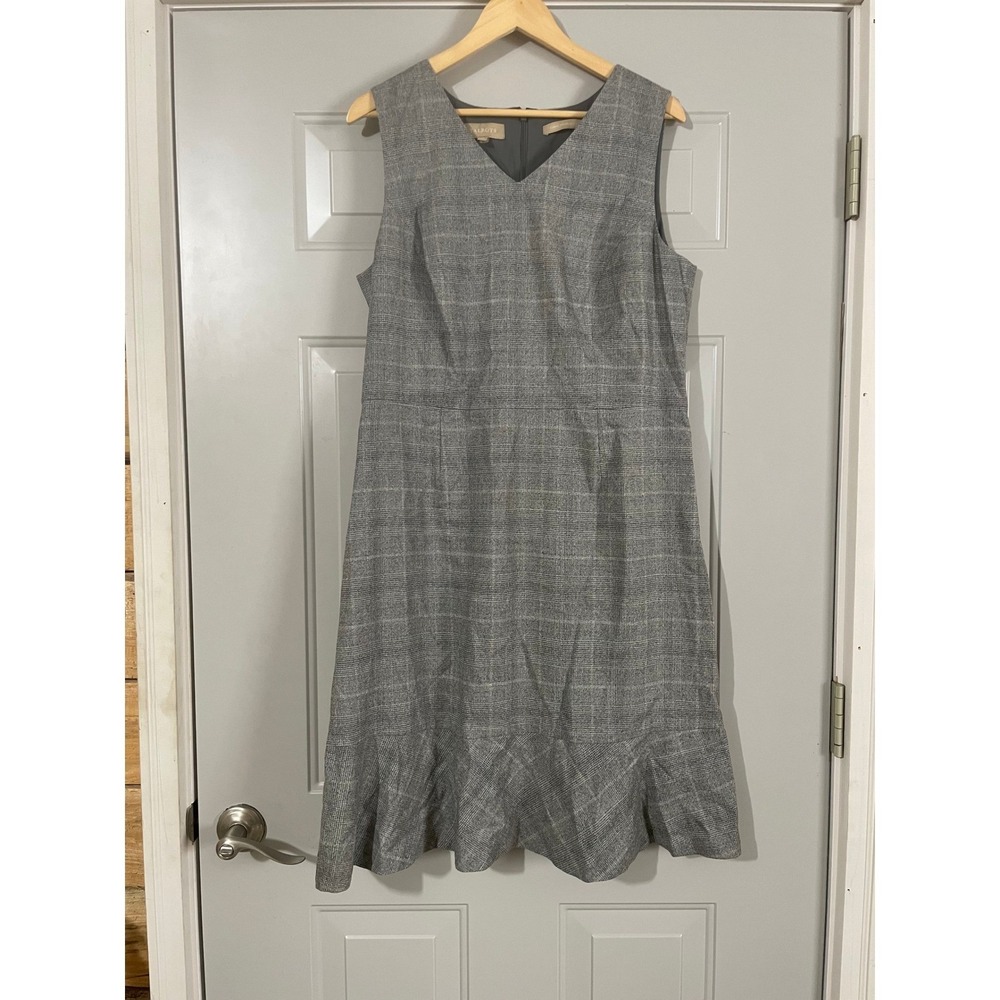 Talbots Plaid Sheath Dress Womens 16 Grey Excellent‎ Italian Wool Blend Flounce